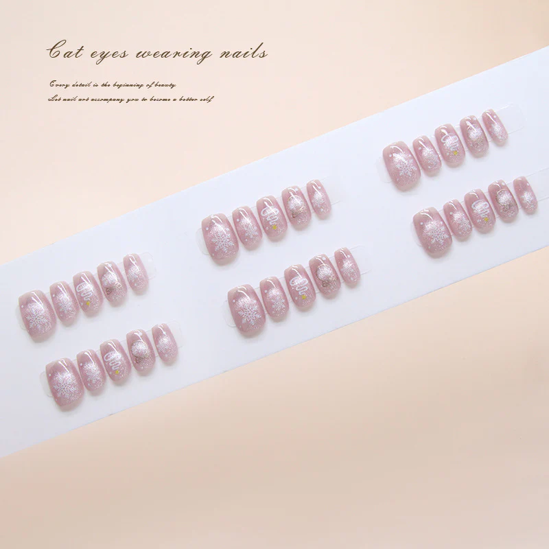 Whimsical Charm Short Square Stylish Pink Glittery Snowflake Press On Nail Set