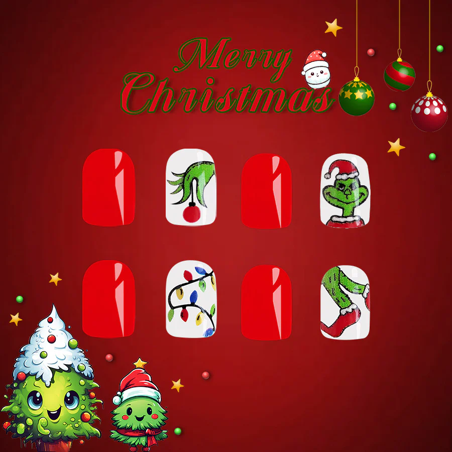 Whimsical Christmas Red Square Press On Medium Nail Set 24 Count Featuring Grinch And Holiday Lights Designs
