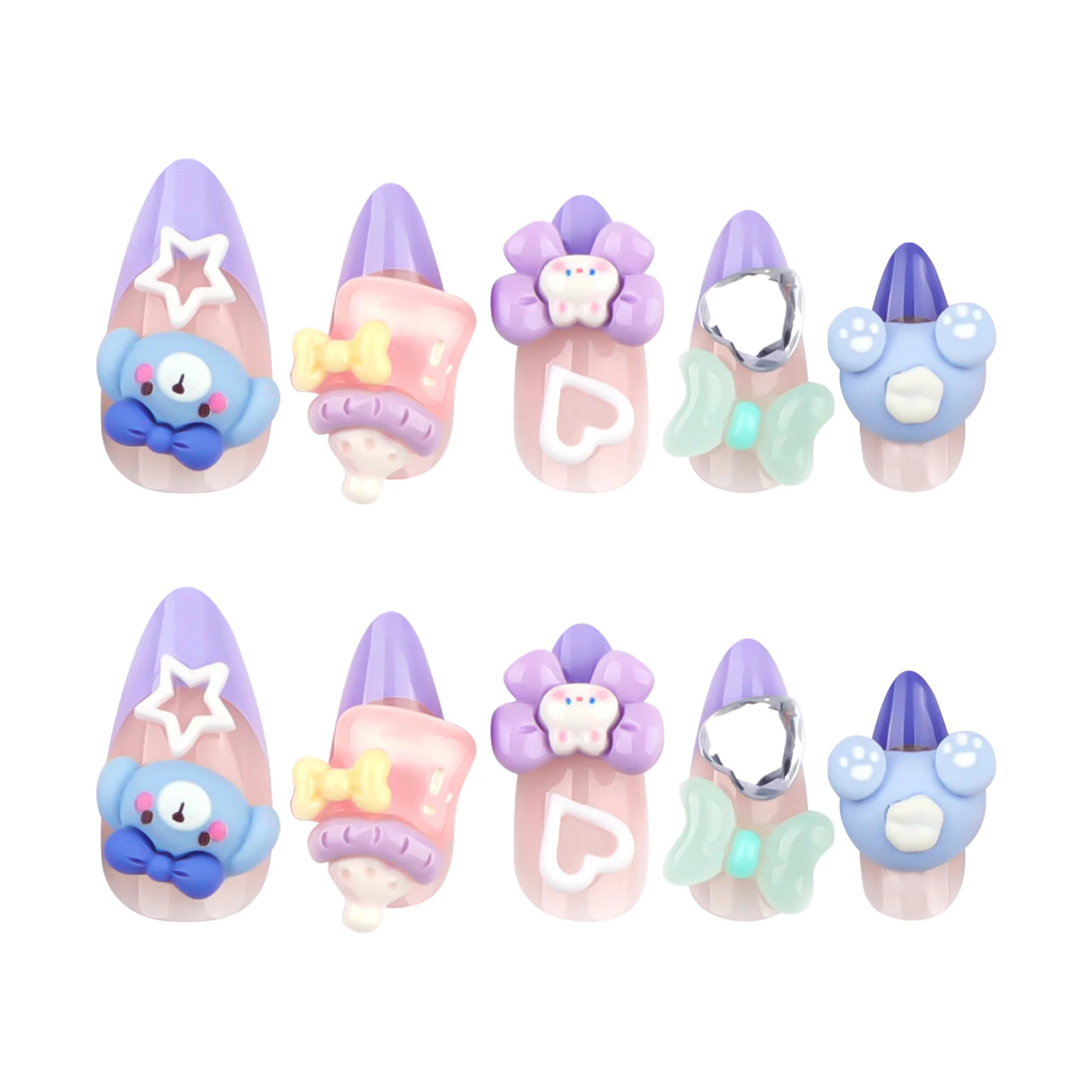 Whimsical Delight Long Almond Lavender Press on Nail Set with Cute Character Designs and Decorative Elements