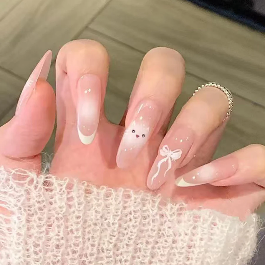 Whimsical Elegance Long Almond Pink Ombre with Adorable Bow Design and Shimmering Glitter Press On Nail Set