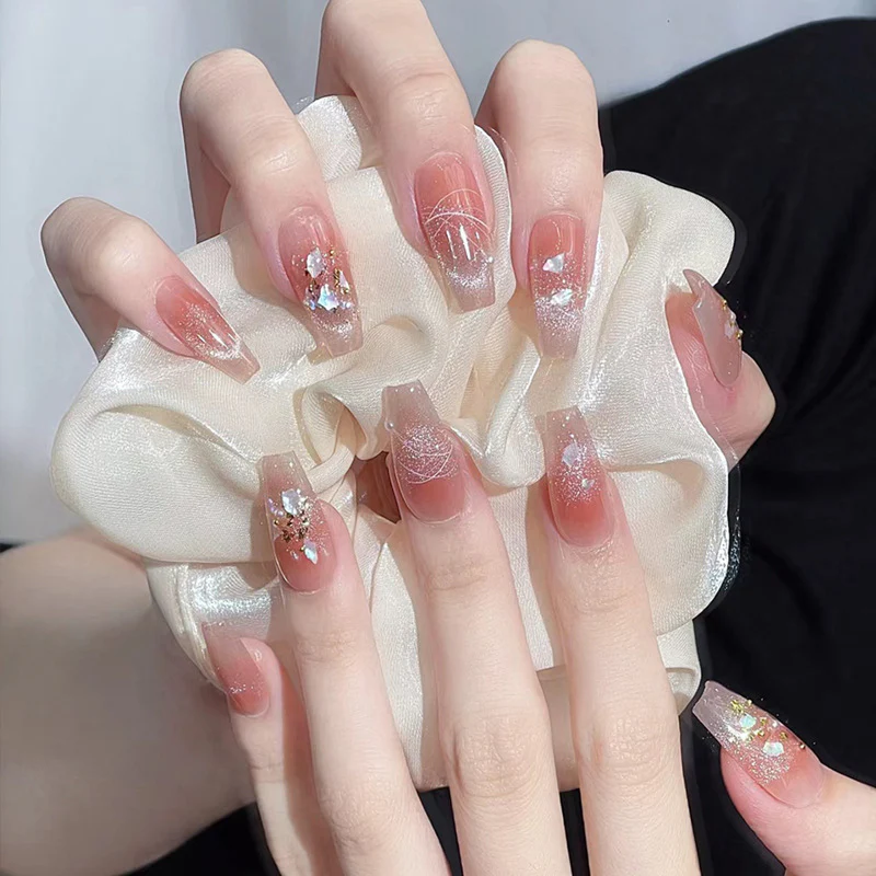 Whimsical Elegance Long Coffin Clear Press on Nail Set with Shimmering Glitter Accents