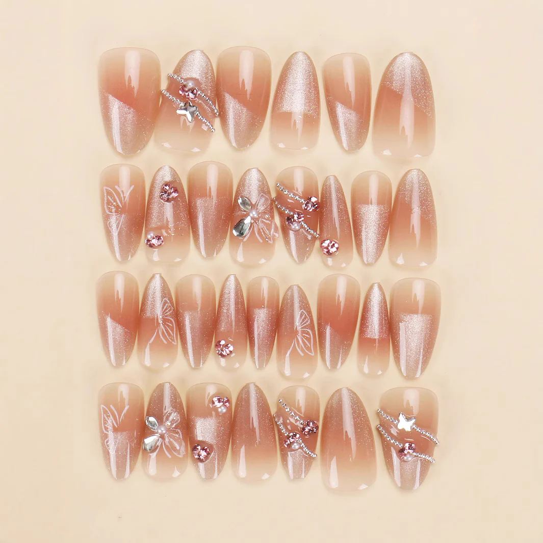 Whimsical Elegance Medium Almond Blush Ombre Press On Nail Set with Sparkling Floral Accents