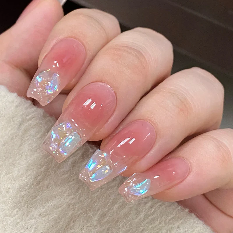 Whimsical Elegance Medium Coffin Clear Acrylic Press On Nail Set with Iridescent Glitter Tips