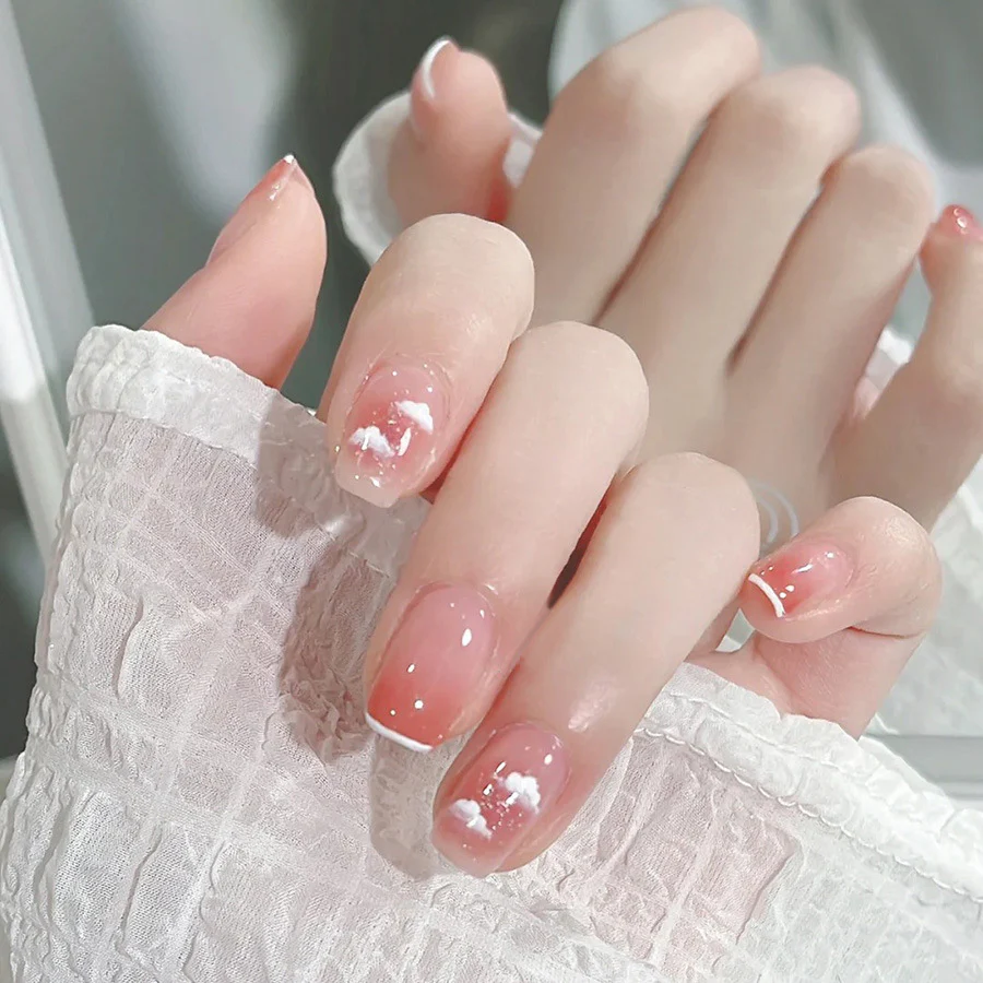 Whimsical Elegance Natural Short Square Pink Ombre Nails with Charming Cloud Accents