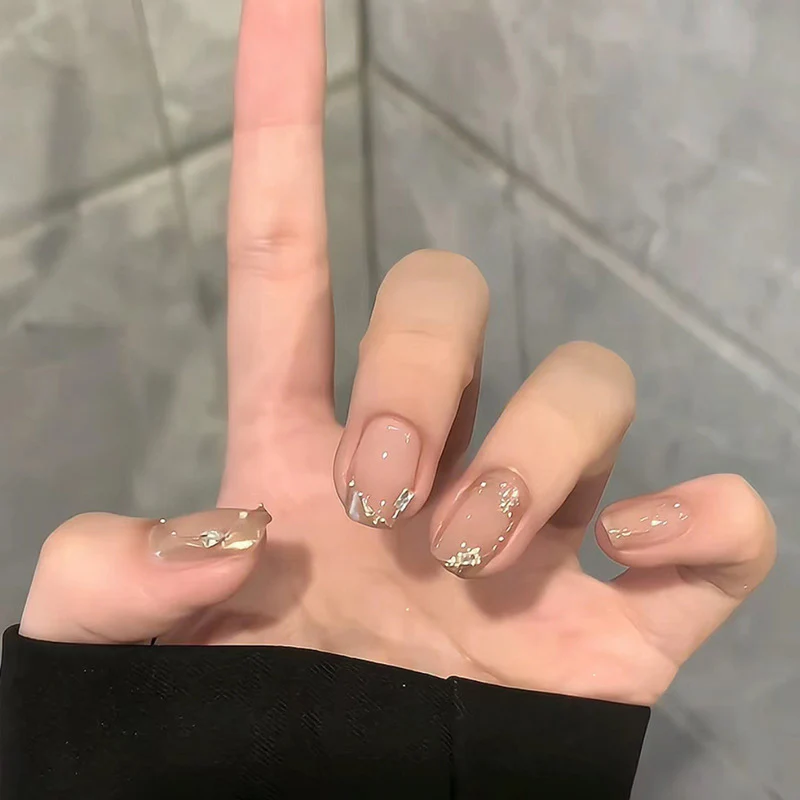 Whimsical Elegance Short Square Shape Beige Color with Dazzling Gold Accents Press On Nail Set