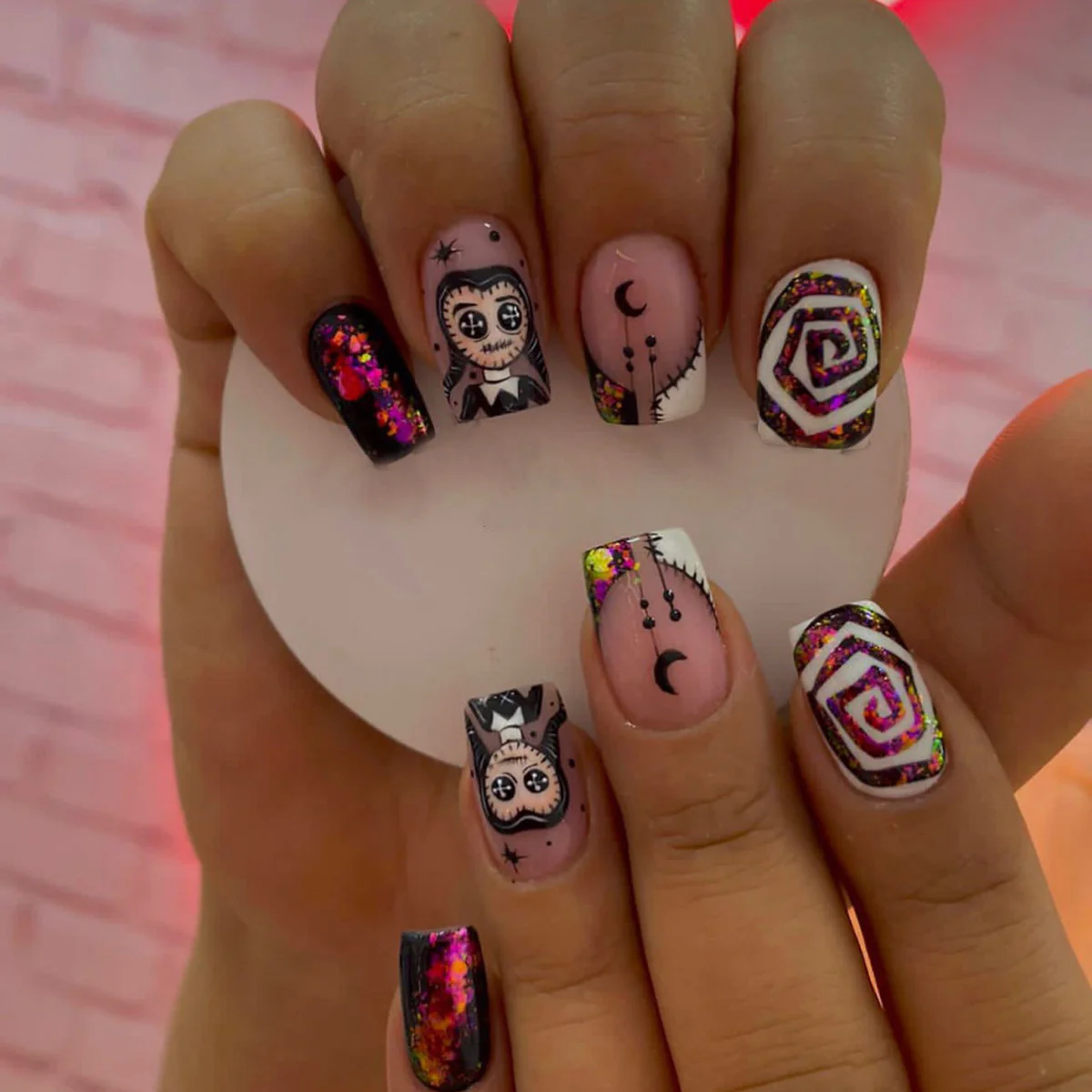 Whimsical Fantasy Long Square Multicolor Glitter Accented Press On Nail Set
