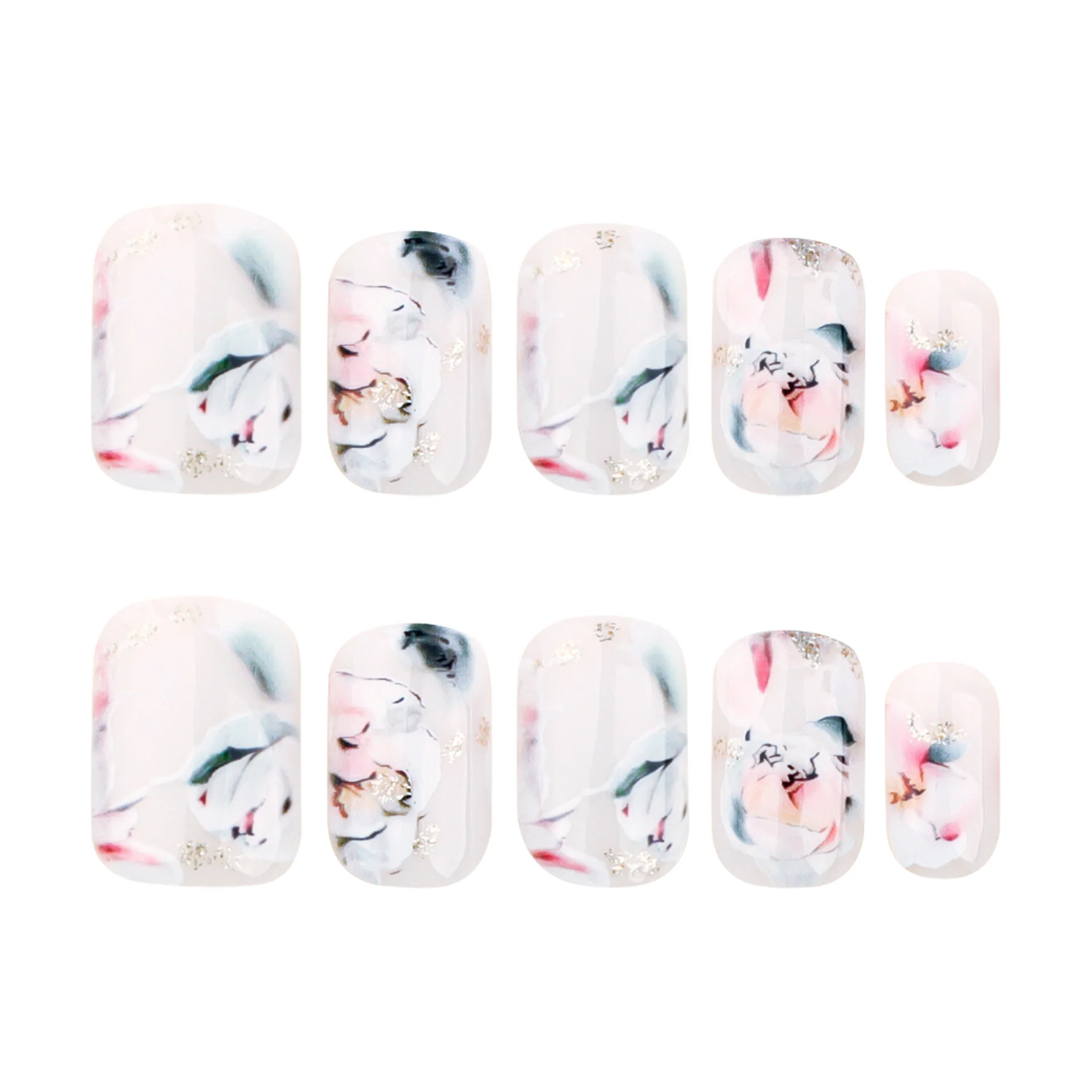 Whimsical Floral Bliss Short Squoval White Nails with Delicate Rose Design and Sparkling Accents