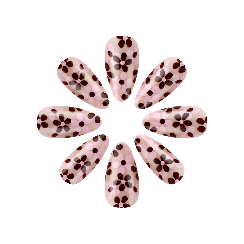 Whimsical Floral Charm Short Almond Pink With Elegant Flower Pattern Press On Nail Set