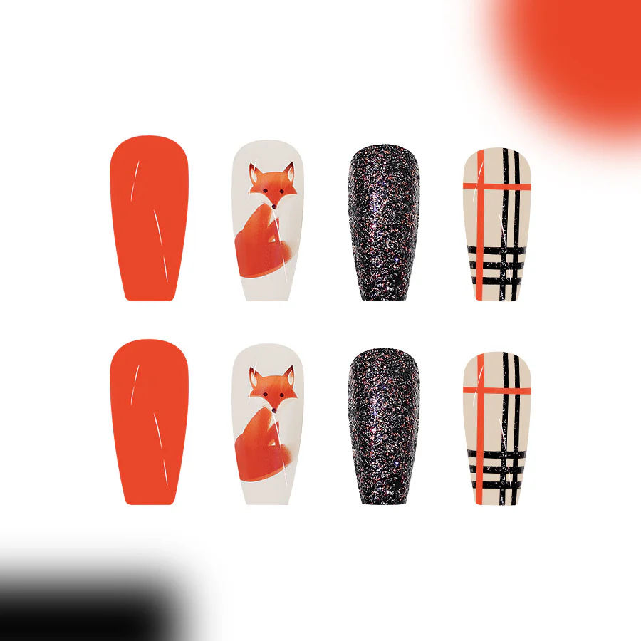 Whimsical Fox Forest Long Coffin Bright Orange Set with Unique Fox Art and Sparkling Accents
