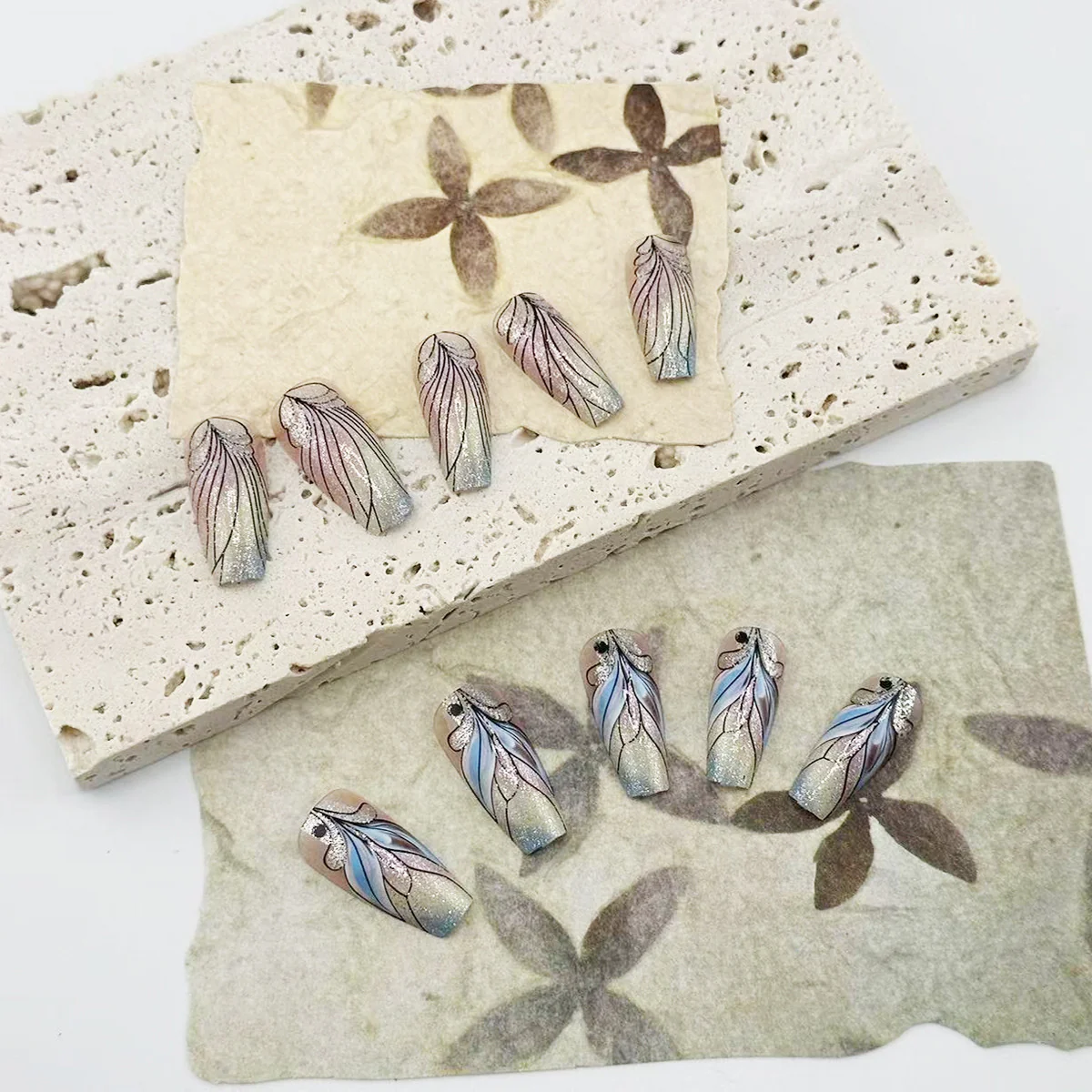 Whimsical Garden Lengthy Long Square Shape Iridescent Pink and Blue with Delicate Leaf Design Press On Nail Set