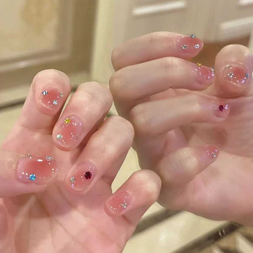 Whimsical Garden Press On Short Nail Set Oval Pink with Glittering Gem Accents