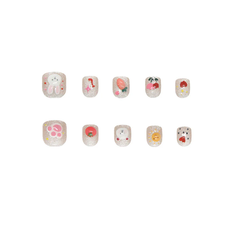 Whimsical Garden Short Square Pink Glittery Nail Set with Cute Character Designs