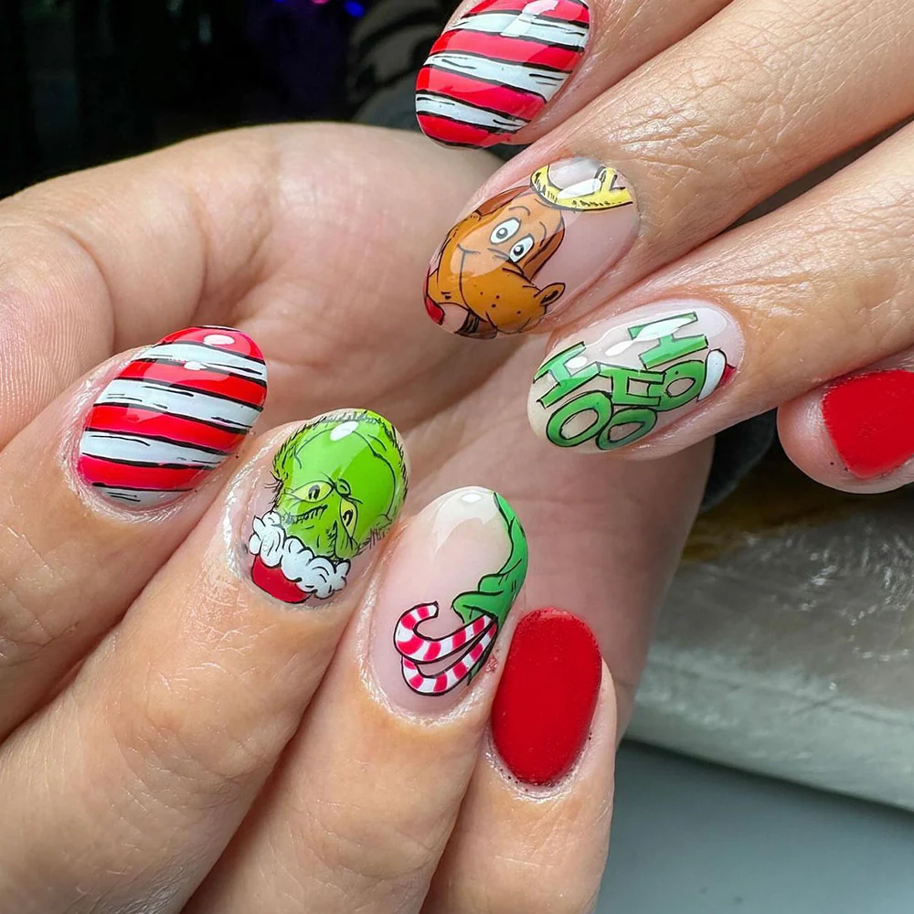 Whimsical Holiday Short Oval Red and Green Festive Characters Nail Set