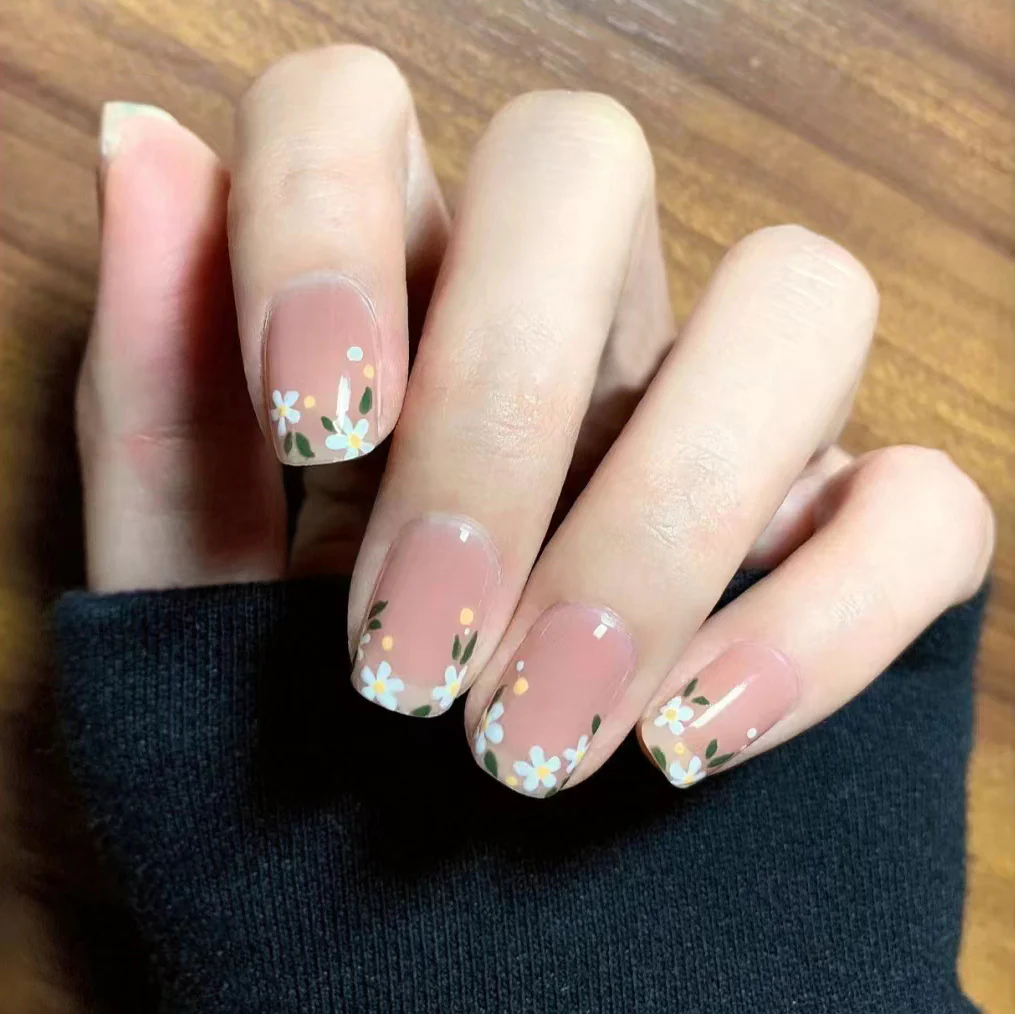 Whimsical Meadow Medium Square Beige Base with Delicate Floral Tips Press On Nail Set