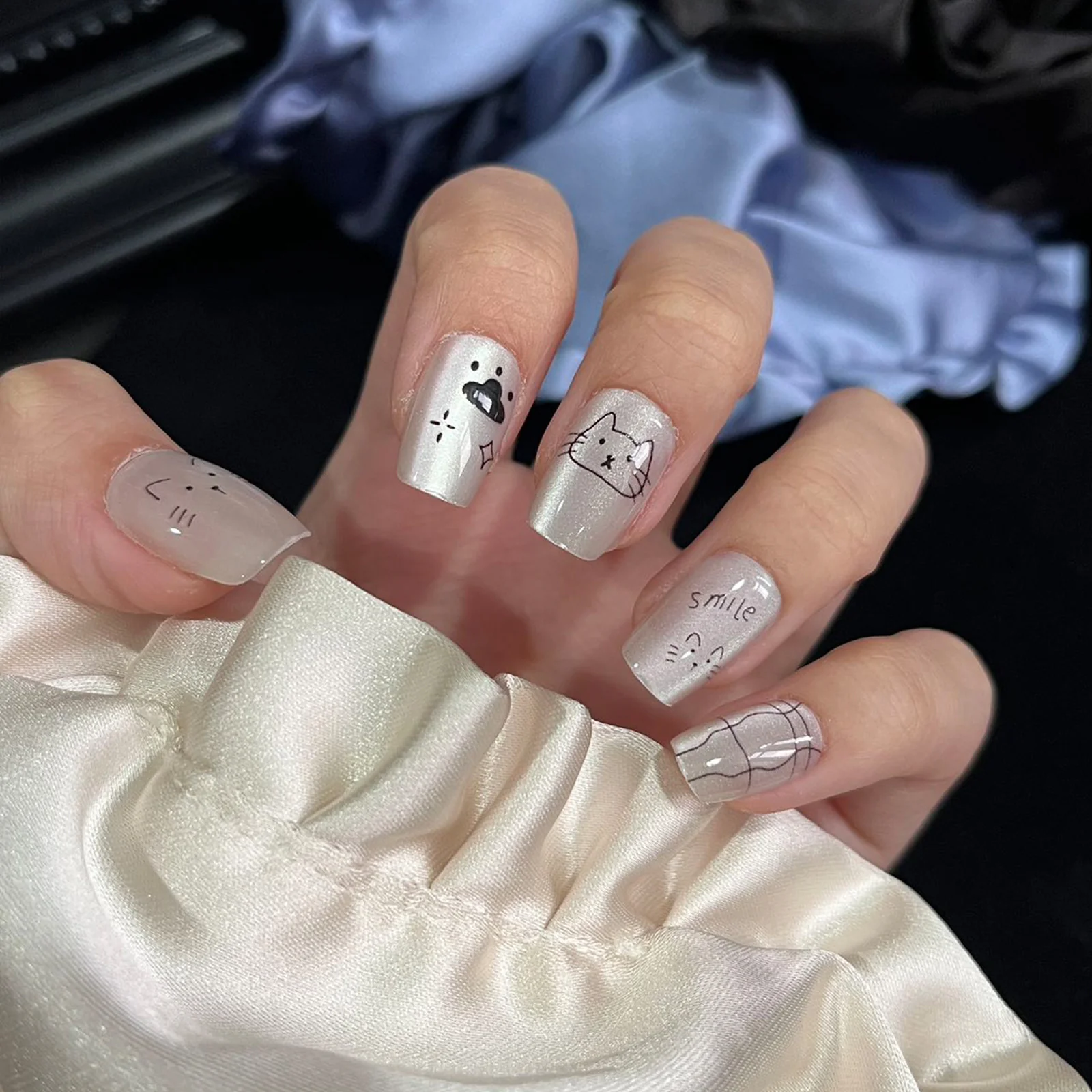 Whimsical Pet Lovers Medium Square Press-On Nail Set in Soft Silver Featuring Cute Animal Illustrations