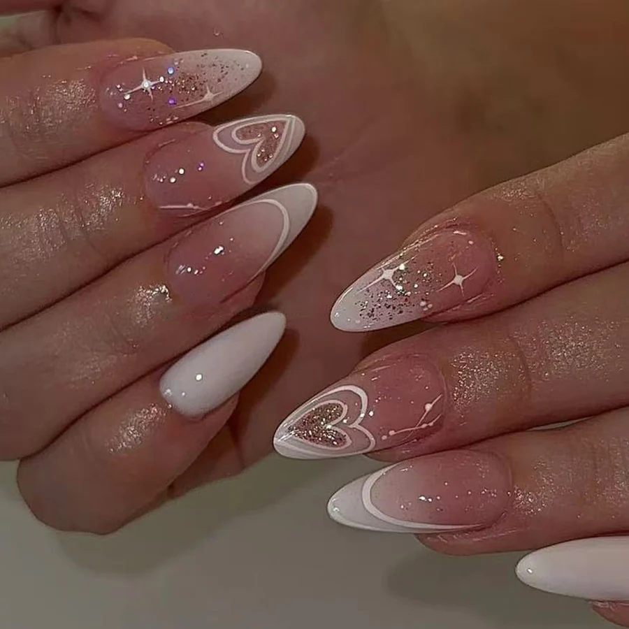 Whimsical Romance Medium Almond White with Heart Design and Sparkling Glitter Press on Nail Set