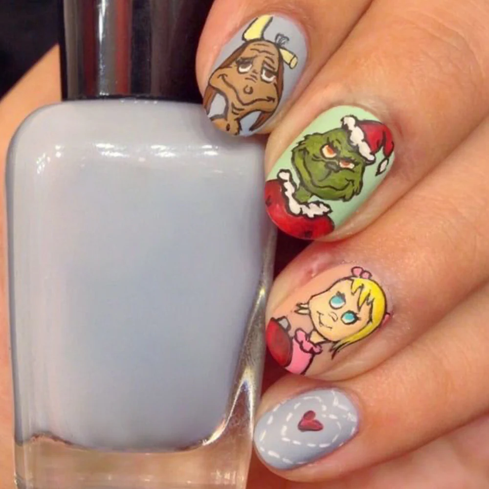 Whimsical Winter Fantasy Short Round Gray Nails Featuring Charming Character Designs