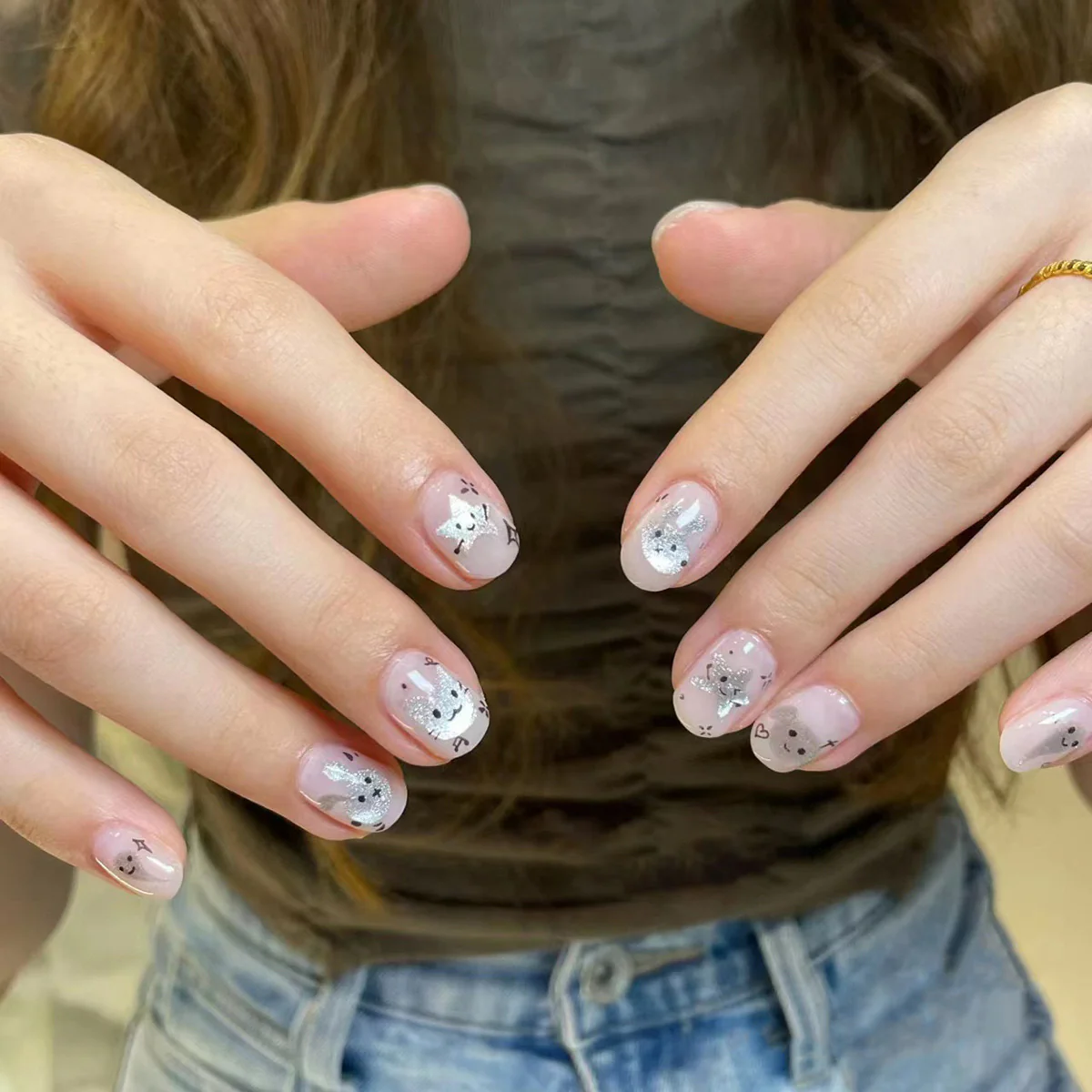 Whimsical Winter Short Round Translucent Press-On Nails with Silver Glitter Snowflake Accents