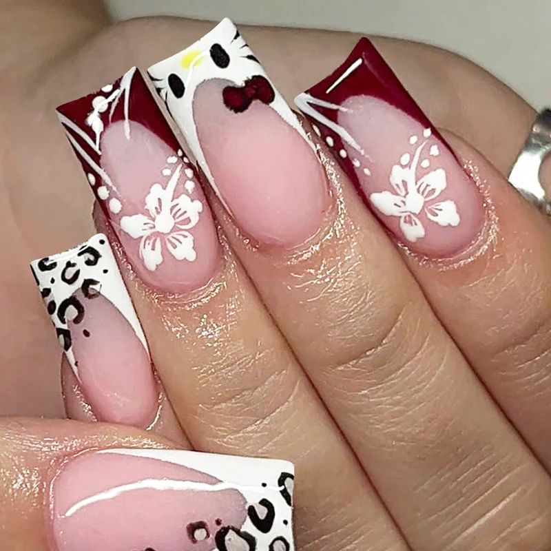 Whimsical Wonderland Medium Square Red And White Floral Design Press On Nail Set