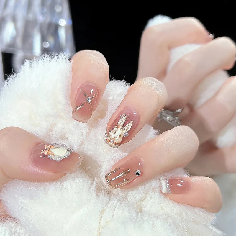 Whimsical Wonderland Press On Nail Set Medium Square Light Peach with Adorable Bunny and Star Accents