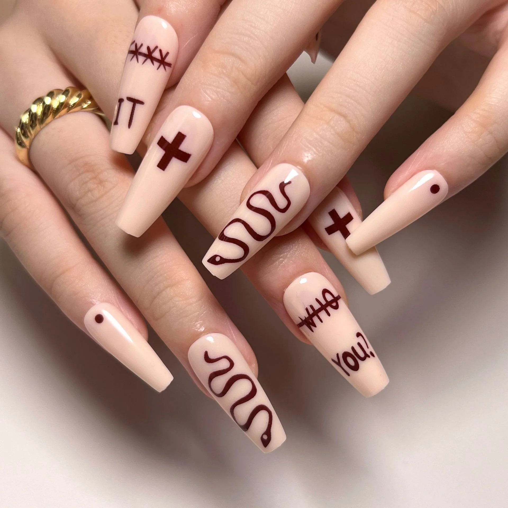 Who Are You Long Coffin Pink Halloween Press On Nails