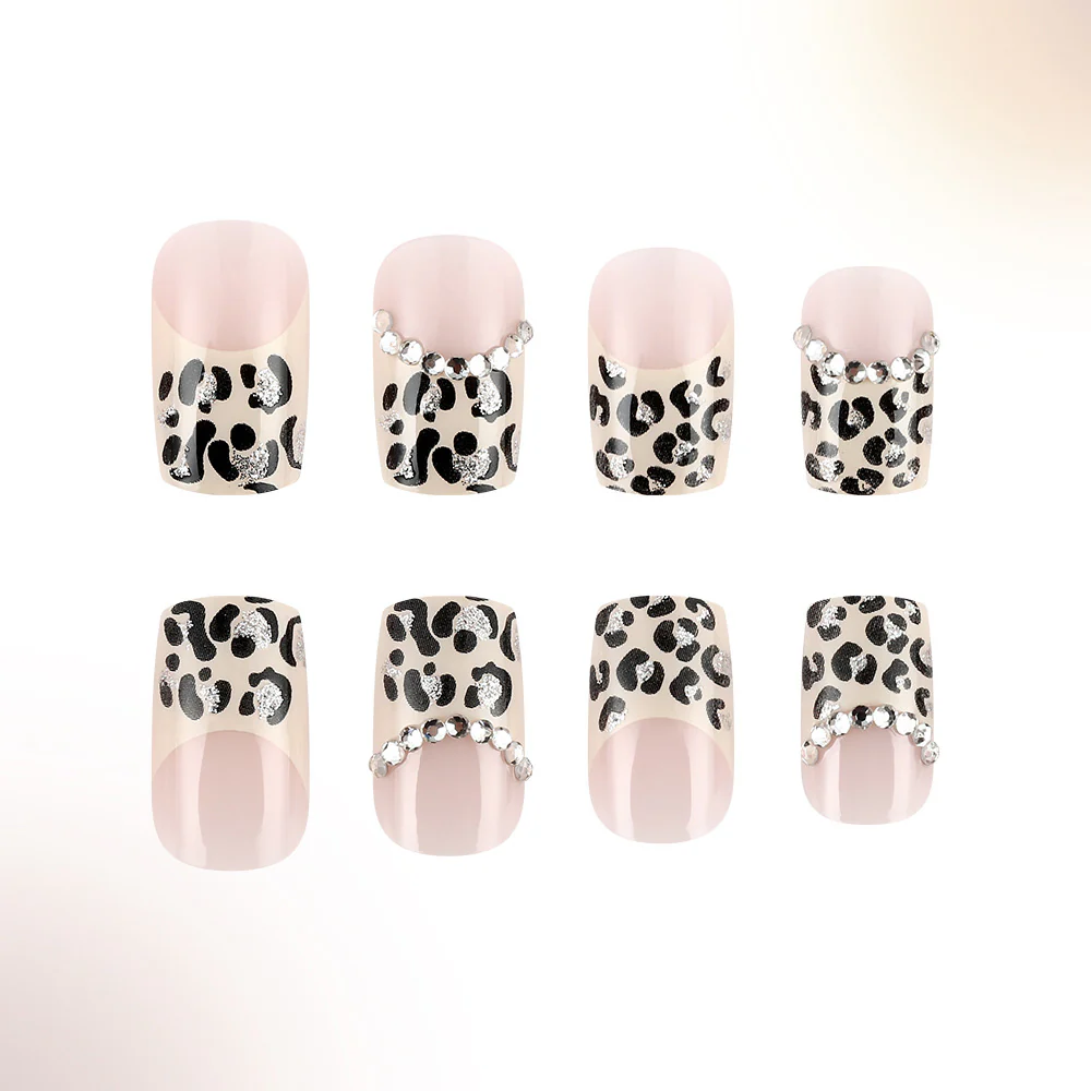 Wild Chic Medium Square Leopard Print Press On Nail Set with Rhinestone Accents