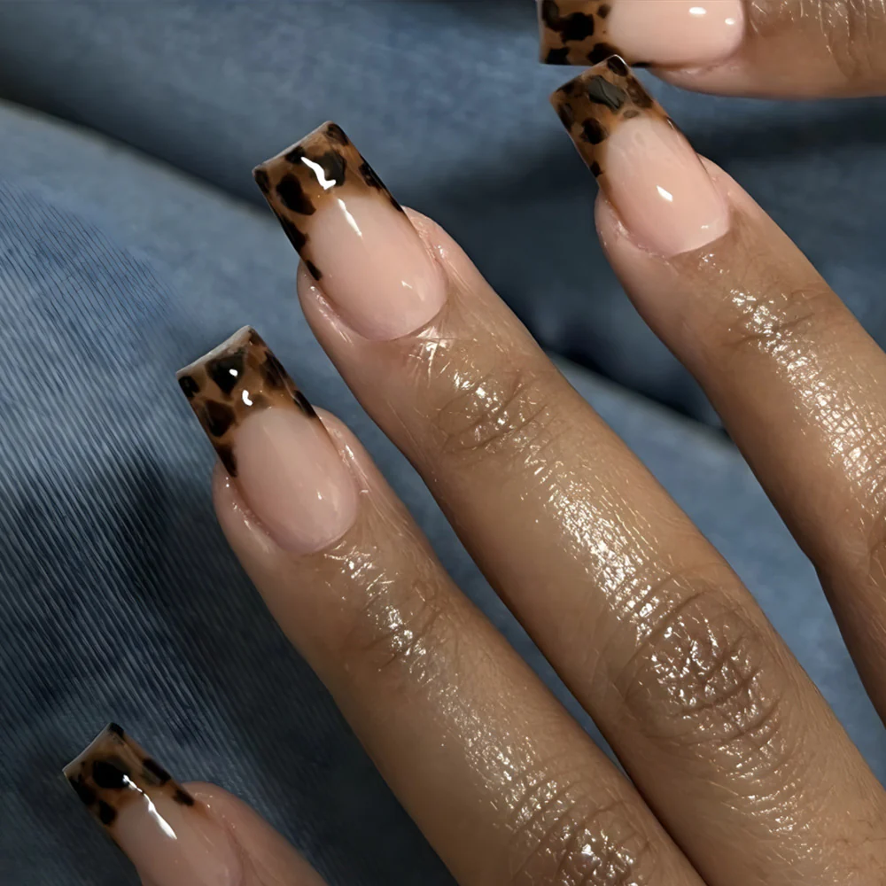 Wild Safari Chic Medium Square Acrylic Nail Set with Leopard Print Tips in Elegant Cream and Brown Tones