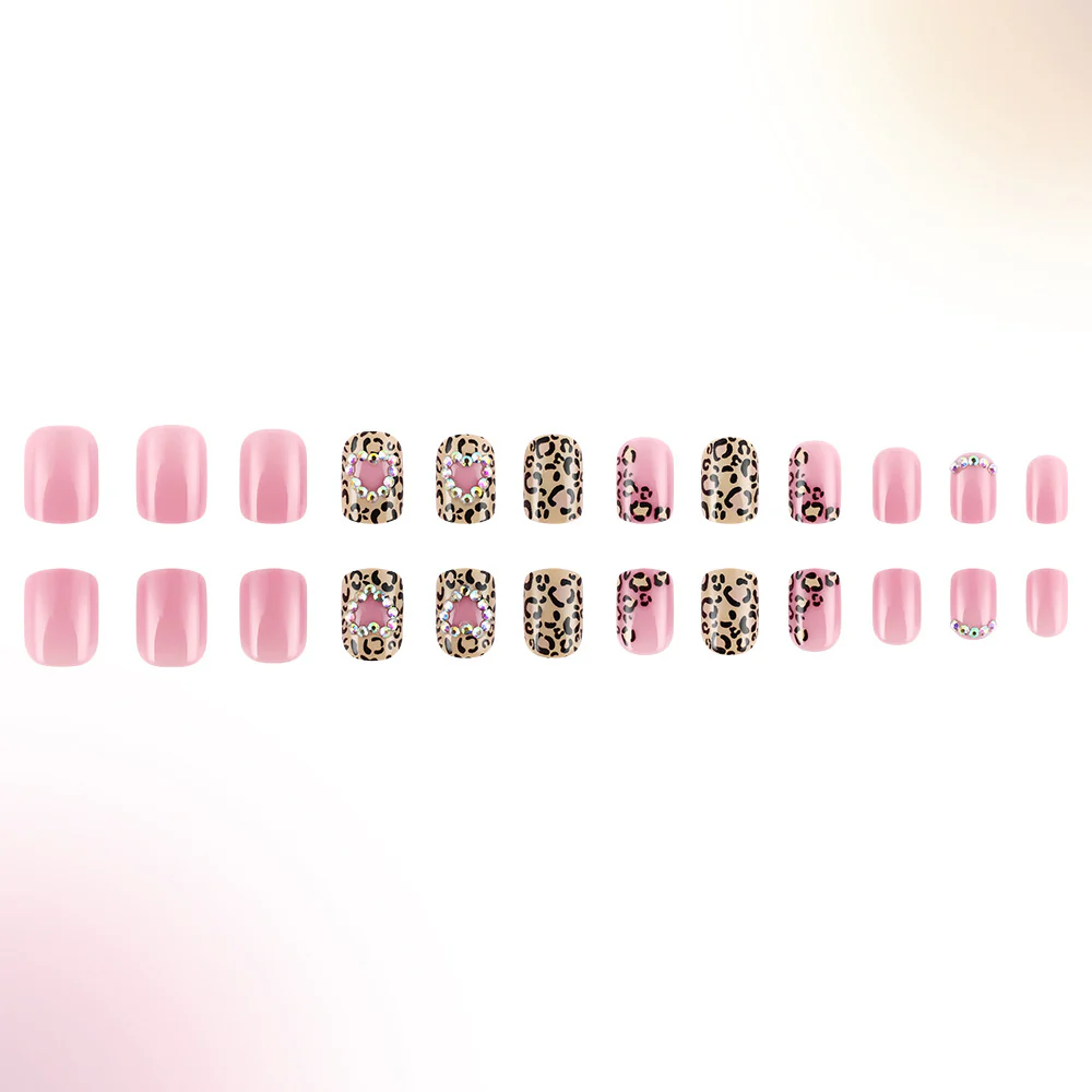 Wild Safari Elegance Short Squoval Pink and Leopard Print Nails with Sparkling Hearts