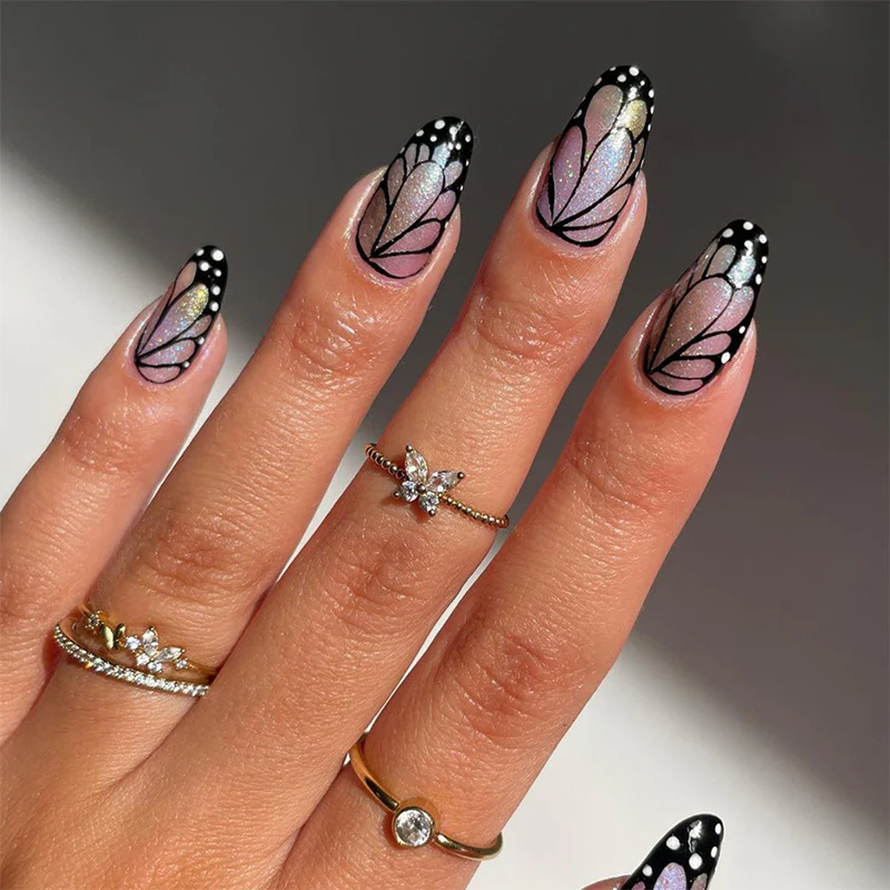 Wingtips Medium Oval Black Butterfly Press On Nails