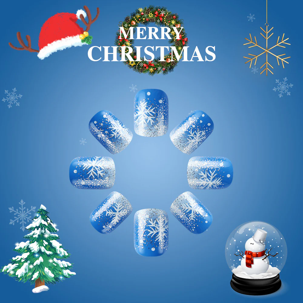 Winter Wonderland Blue Short Squoval Nail Set with Glittering Snowflake Design