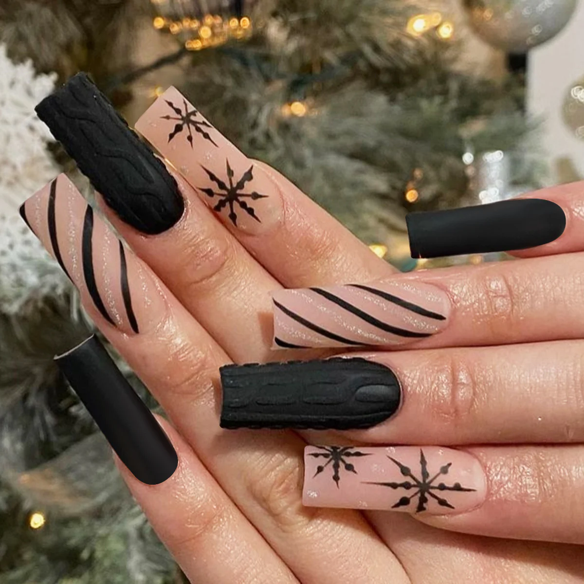 Winter Wonderland Long Square Black and Beige Textured Nail Set with Elegant Snowflake Design