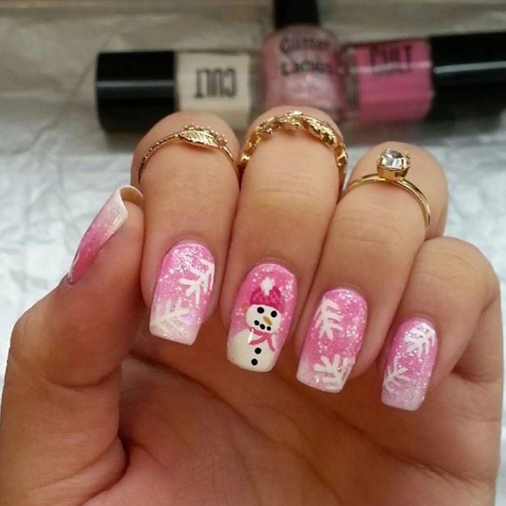 Winter Wonderland Medium Square Pink Gradient Nail Set with Snowman Design and Glitter Finish
