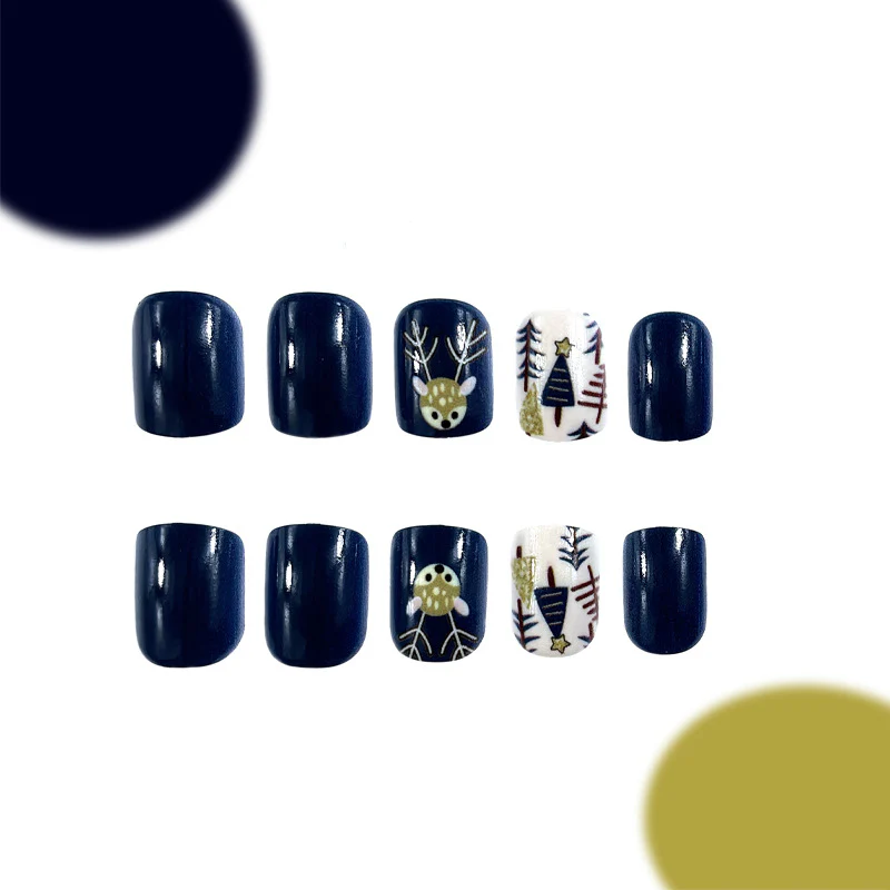 Winter Wonderland Short Square Dark Blue Press On Nail Set with Festive Forest and Reindeer Designs